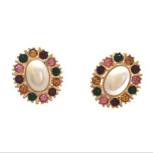Vintage Faux Pearl Multicolor Rhinestone Oval Pierced Earrings